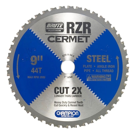 Brute Platinum 9in Brute RZR Cermet Tipped Circular Saw Blades for Steel, 44 Teeth, 1in Arbor CHA RZR-9-44-S